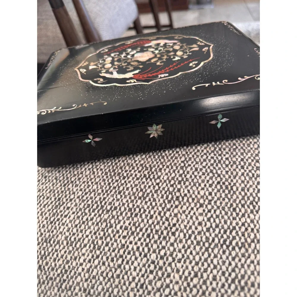 Korean Black Lacquer Box Mother of Pearl Inlay Phoenix Floral Hanji Najeonchilgi